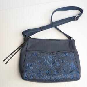 The SAK Leather Crossbody Alameda Embroidered Boho Floral Tassel Bag Blue Silver